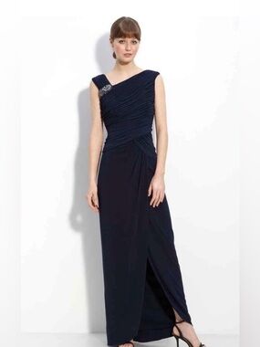Adrianna Papell Navy One-Shoulder Ruched Gown with Brooch (Size 12)